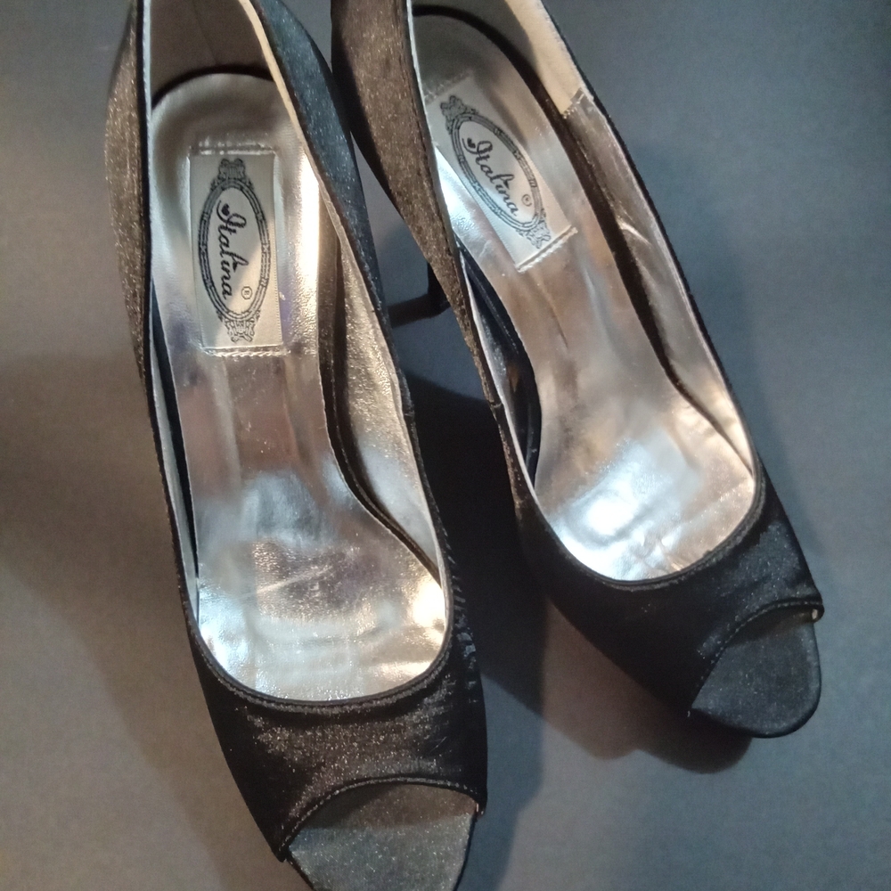 Italina EMBELLISHED Black Satin Peep-Toe High Heels